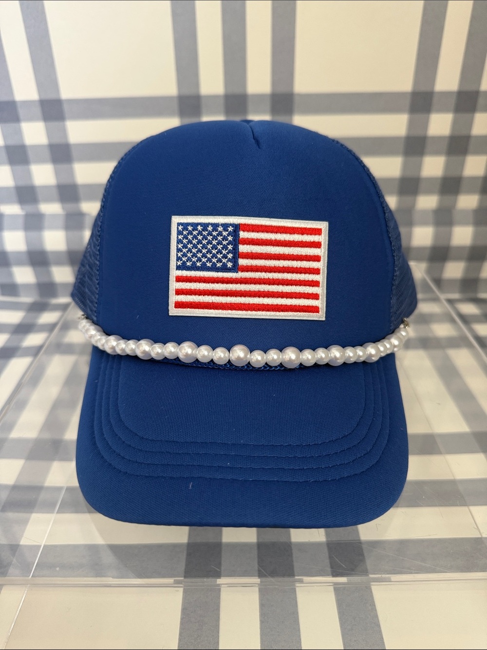 Women’s Blue Trucker Cap with American Flag Patch and Pearl Trim